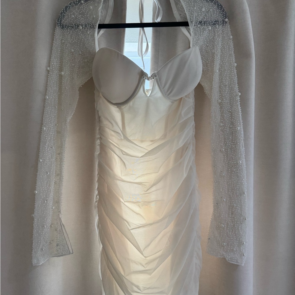 Elegant White Dress with Beaded Sleeves